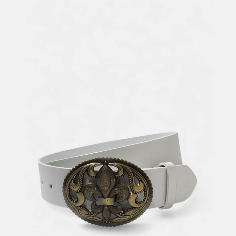 Cinturón de cuero blanco unifaz con chapa para mujer